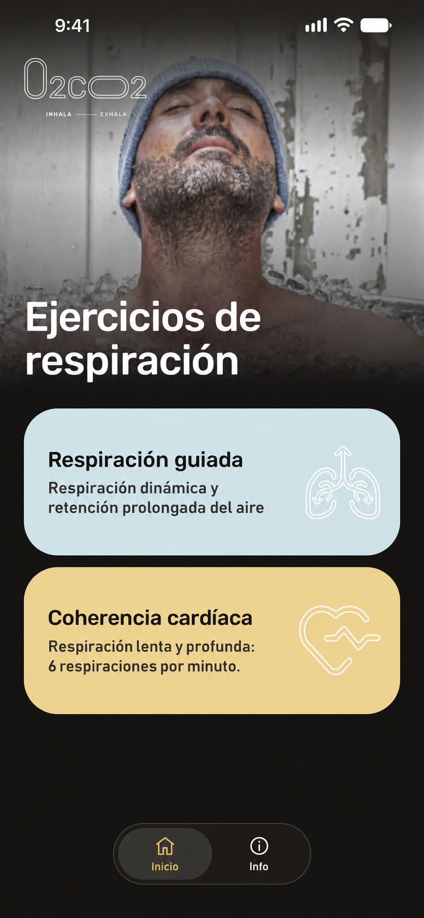 App o2co2: respiración guiada y coherencia cardíaca — textos en español